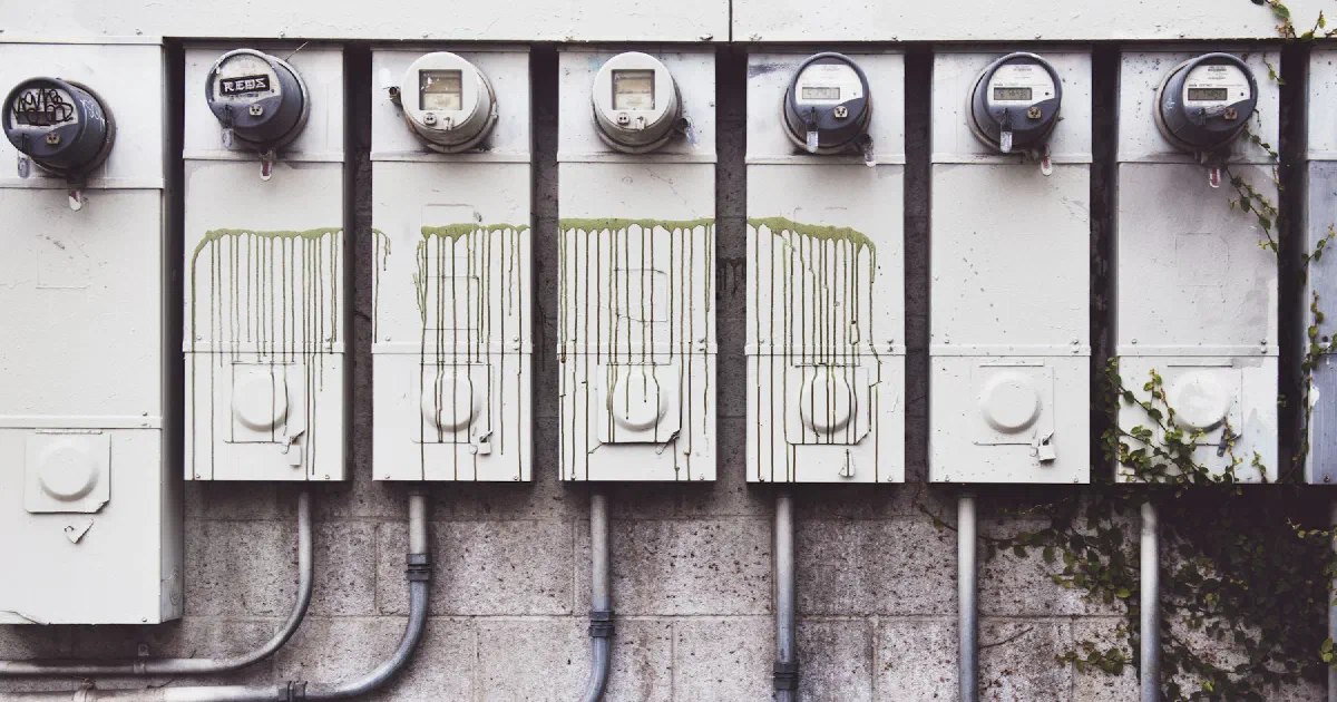 Row of electric meters mounted on a weathered white wall with conduit below.