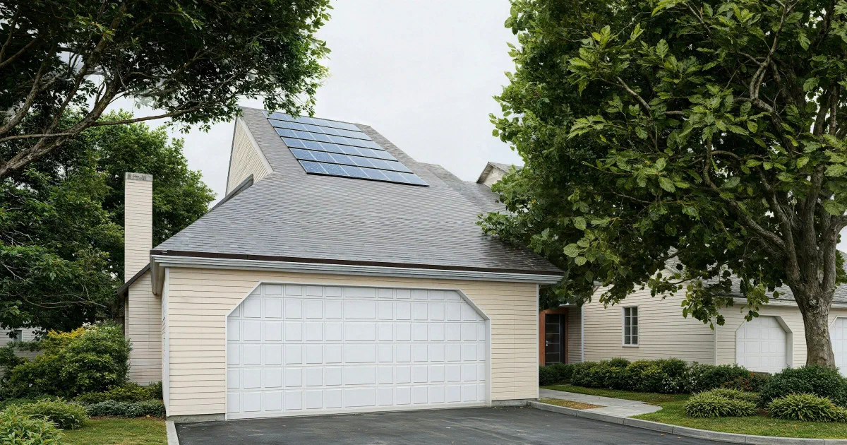 Cream-sided house with a two-car garage and solar panels on its roof, framed by trees.
