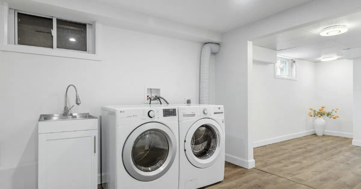 Front-loading washer and dryer side by side in a bright laundry room.