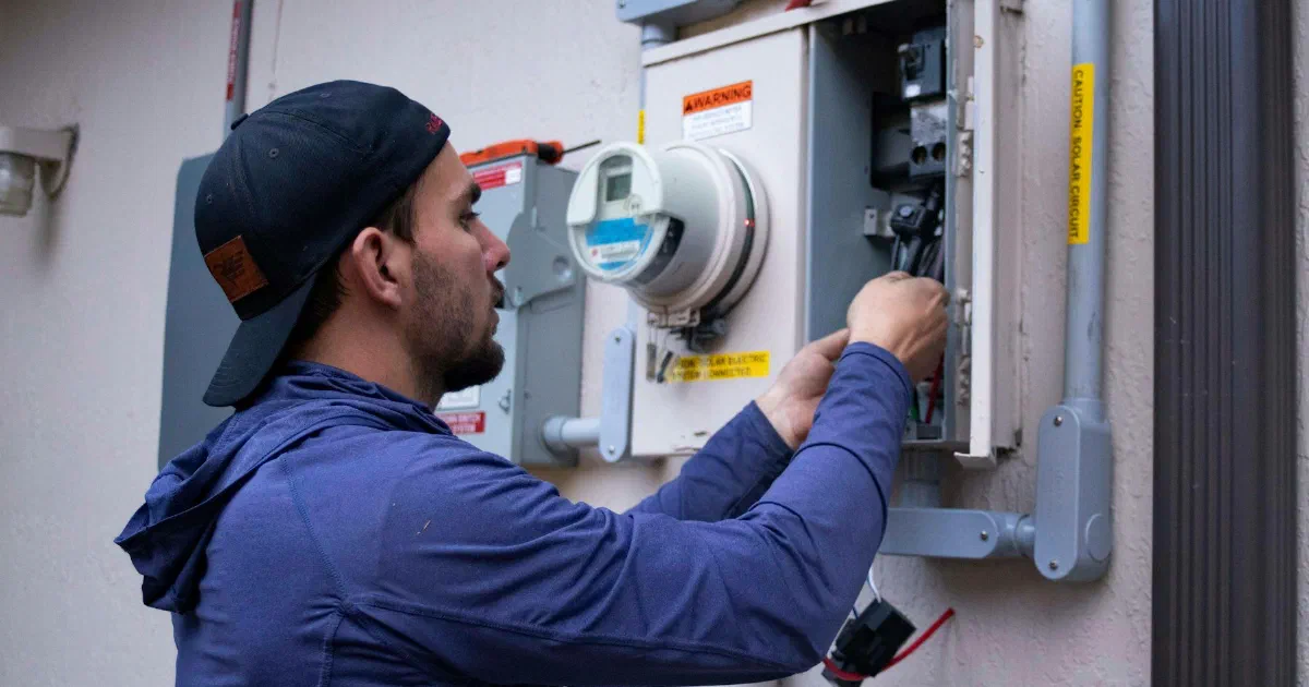 Worker in a blue hoodie and cap working on an electric meter mounted on a wall.