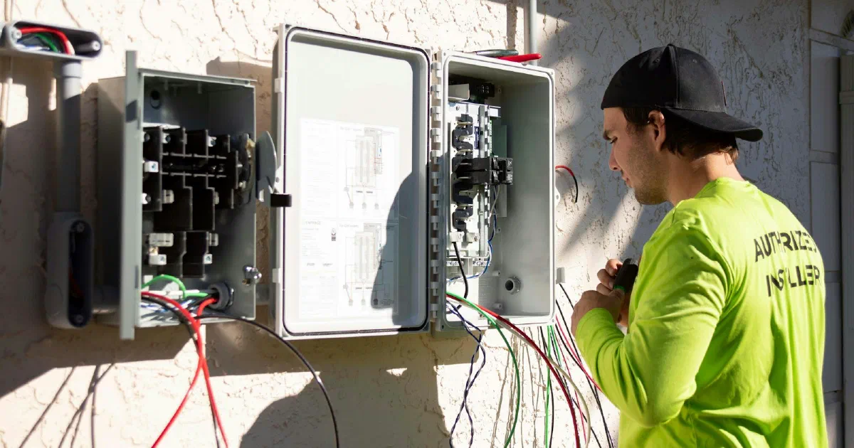 Installer in a bright yellow shirt working at open electrical boxes mounted on a stucco wall.