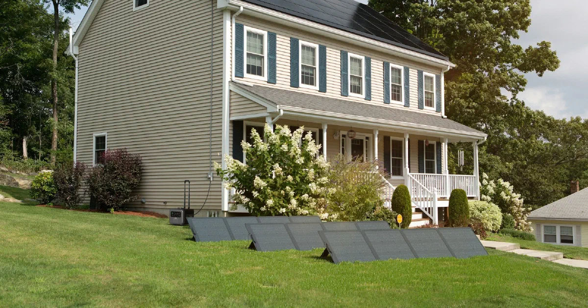 Two-story house with dark solar panels on its roof and more panels set on the front lawn.