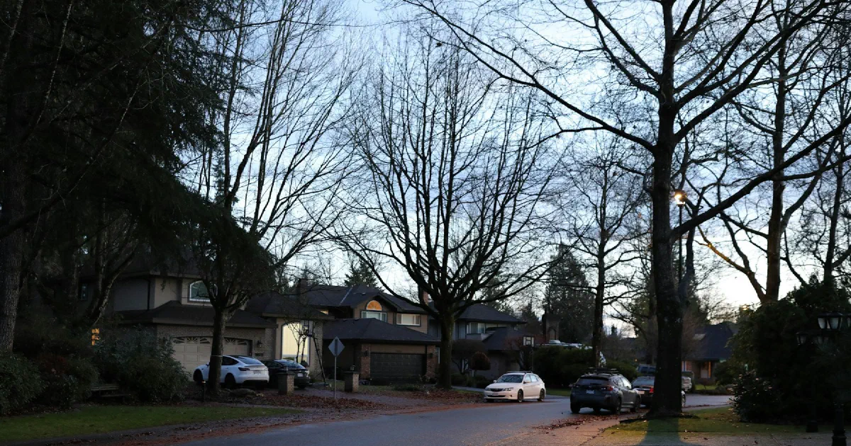 Suburban street lined with houses, bare trees and parked cars at dusk.
